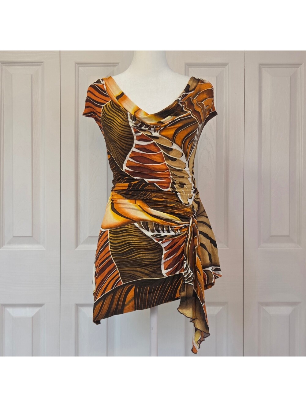 Vintage Y2K Abstract Butterfly Leaf Print Fairy Top 90s Cache Asymmetrical Cowl